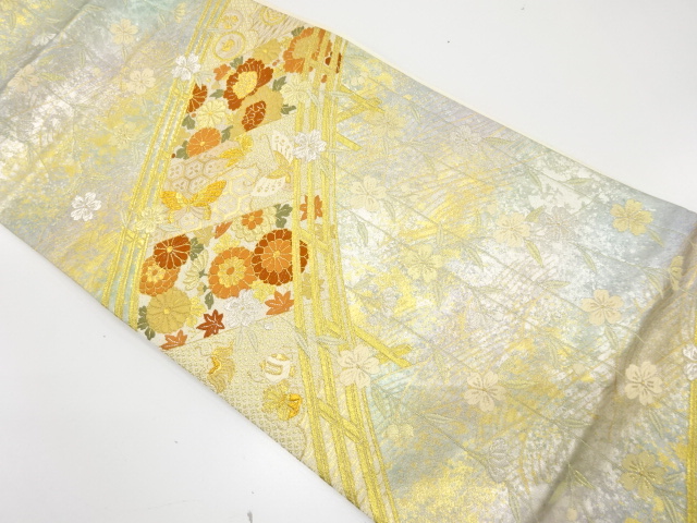 アンティーク　橋に枝垂れ桜・蝶・菊模様織り出し袋帯（材料）